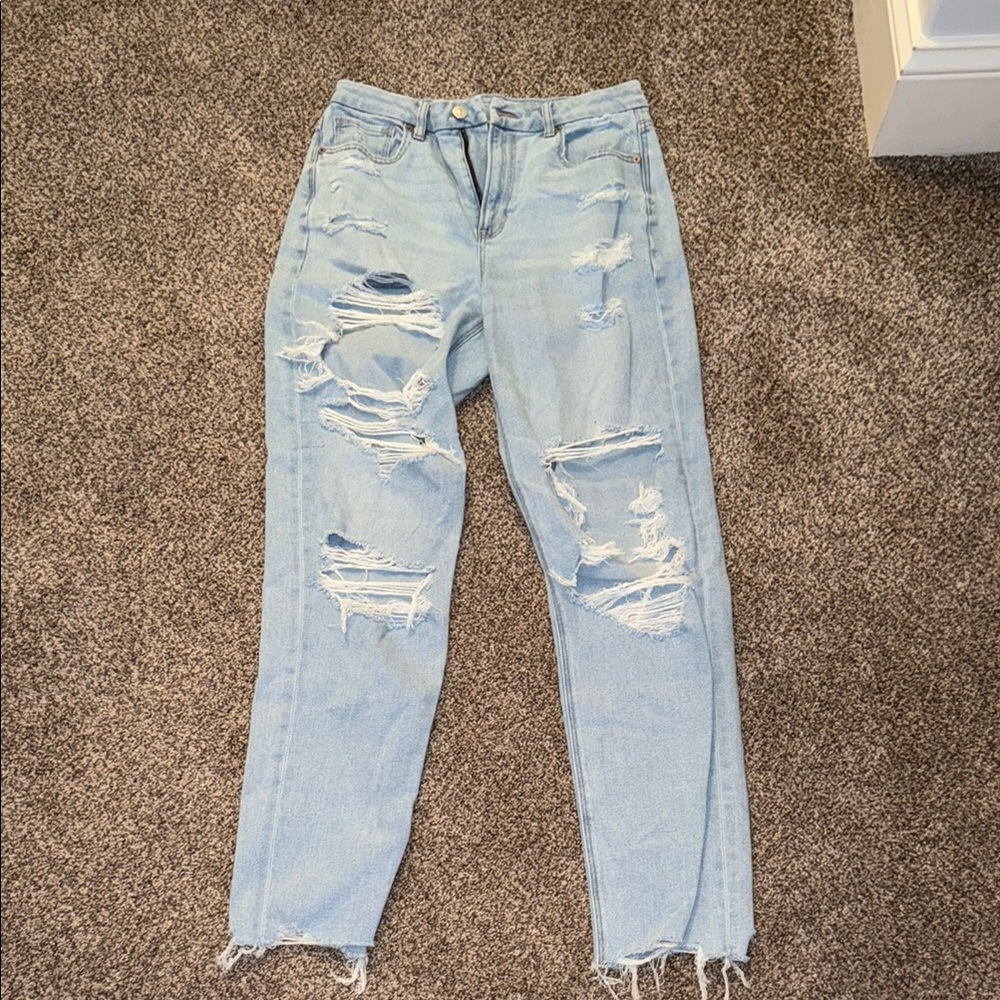 Light Blue Distressed Women's Jeans, stretchy and x-long